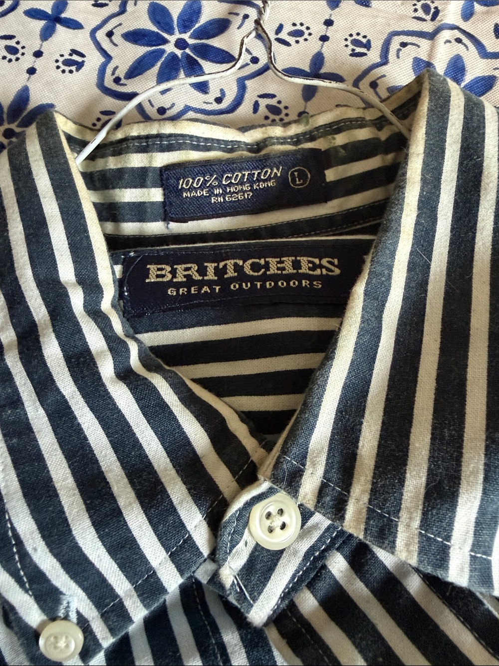 Britches Men's Navy and White Striped Cotton Button-Down Shirt - Large